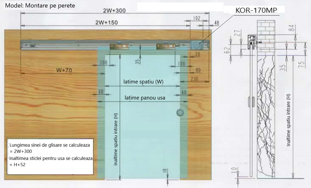 https://www.mdtrade.ro/image/catalog/produse/KOR-170MP kit sistem glisant cu amortizor hidraulic si sistem semiautomat schita montare pe perete.png