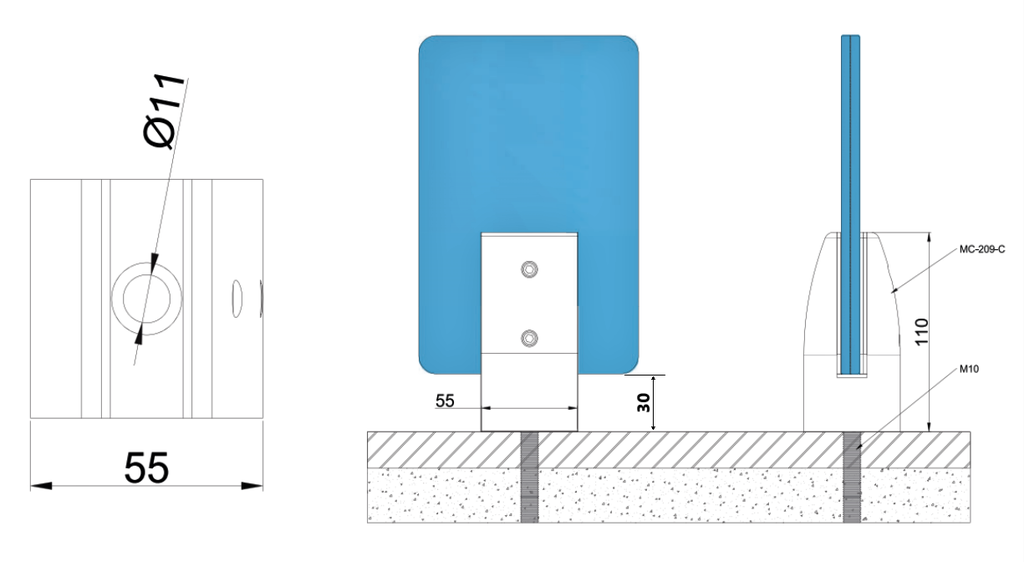 MC-209-C Picior sustinere sticla 10-12mm, patrat din aluminiu (RAL 7016)