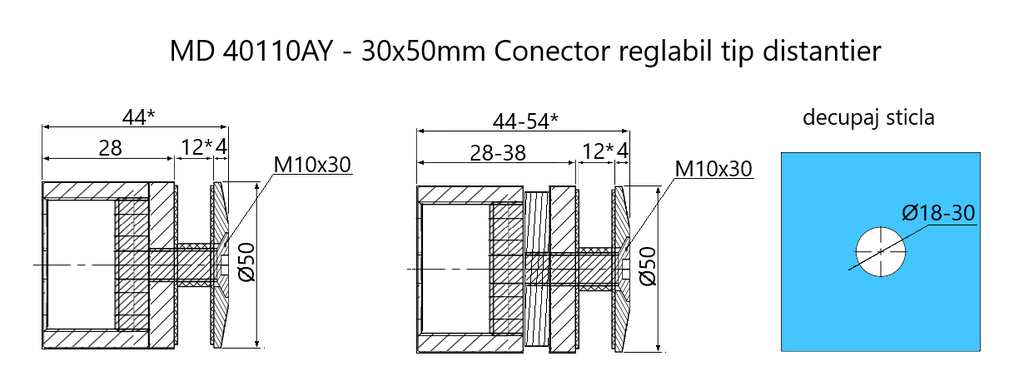 MD 40110AY - 30x50mm Conector tip distantier