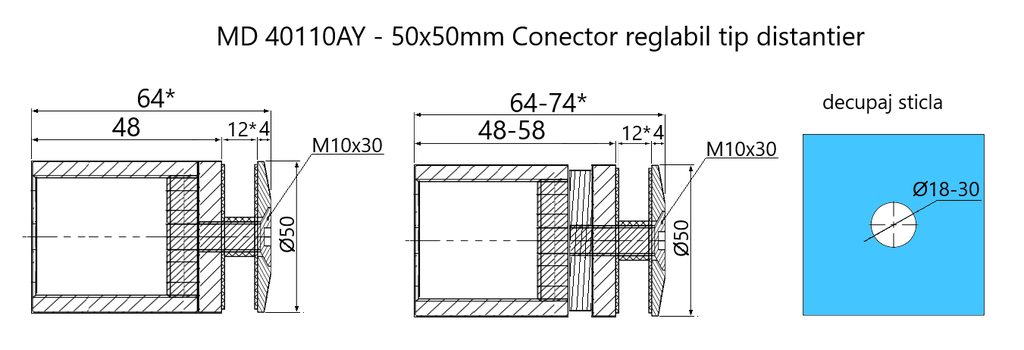 MD 40110AY - 50x50mm Conector reglabil tip distantier