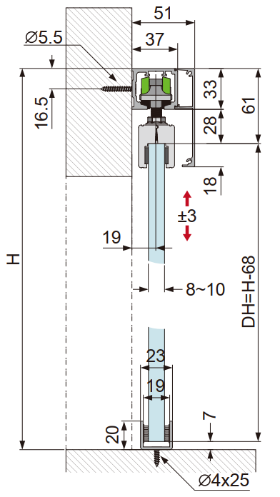 CN122892B OPK PS Set usa glisanta (80kg) cu amortizor cu sina si capac incluse L: 2,05m