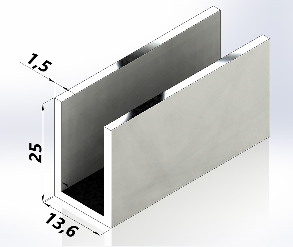 MD 13.6x25A PSS - Profil U aluminiu LUCIU 13.6x25mm x 1.7 (sticla 8-10mm)