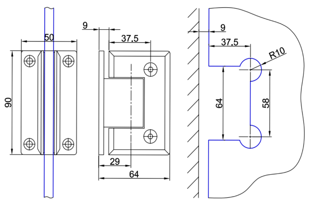 MD 301 Satin GOLD - Balama perete-sticla, talpă întreaga 90°